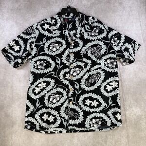Roundy Bay Shirt Mens XL Black White Hibiscus Pineapples‎ Hawaiian Aloha Beach